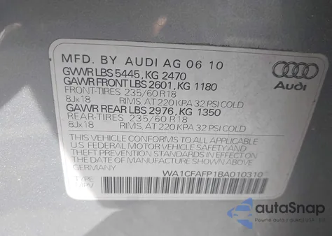 2011 Audi Q5 2.0T Premium z USA, uszkodzony, nr VIN WA1CFAFP1BA010310